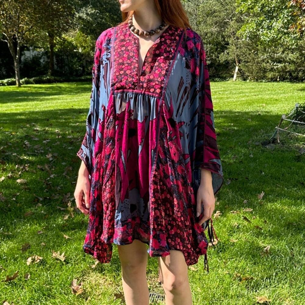 Anna Sui Daisy Velvet Burnout Silk Caftan Dress Hot Pink Extra Small NWT $774